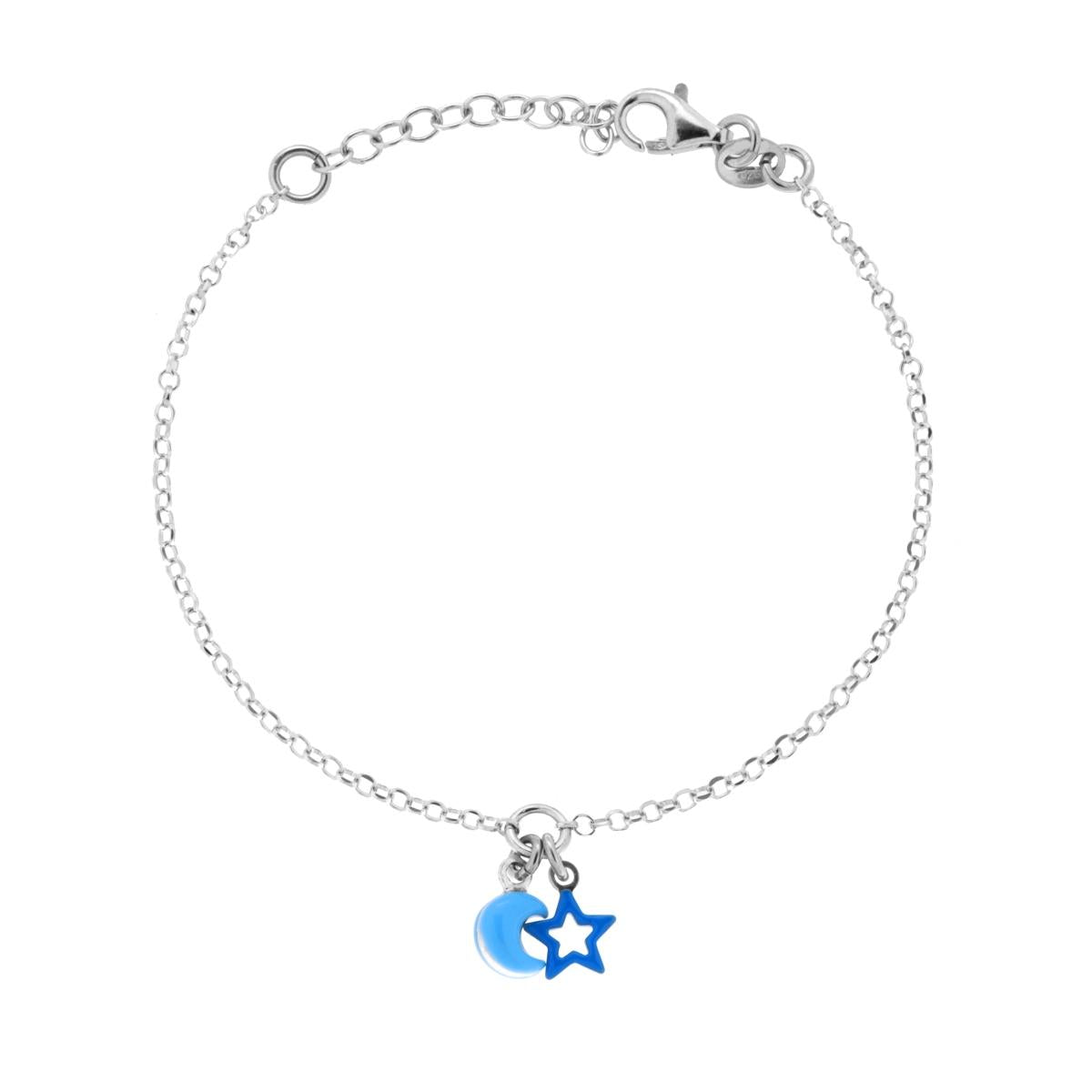 Bracciale Catena Rolo Diamantata con Luna e Stella Smalto Azzurro pendenti in ARGENTO 925 Galvanica Rodio