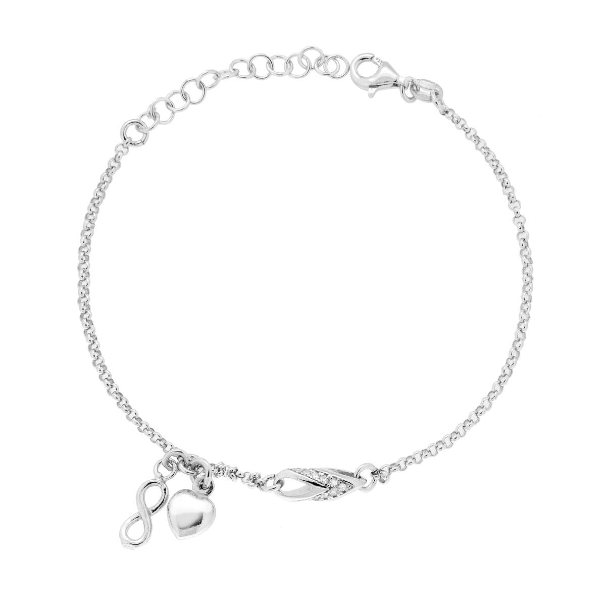 Bracciale Catena Rolo Infinito Cuore pendente e Elemento con Cubic Zirconia Bianchi in ARGENTO 925 Galvanica Rodio