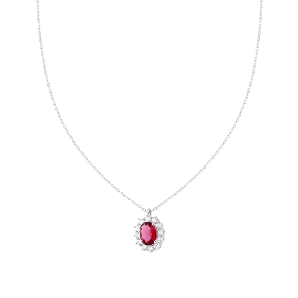 Collana Catena Forzatina Diamantata Ovale Rosso Rubino Contornato da Cubic Zirconia Bianchi in ARGENTO 925 Galvanica Rodio