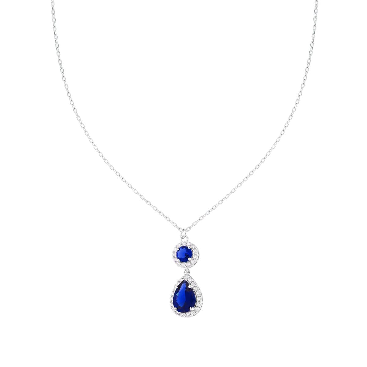 Collana Catena Forzatina Diamantata Goccia Blu Zaffiro contornata da Cubic Zirconia Bianchi in ARGENTO 925 Galvanica Rodio
