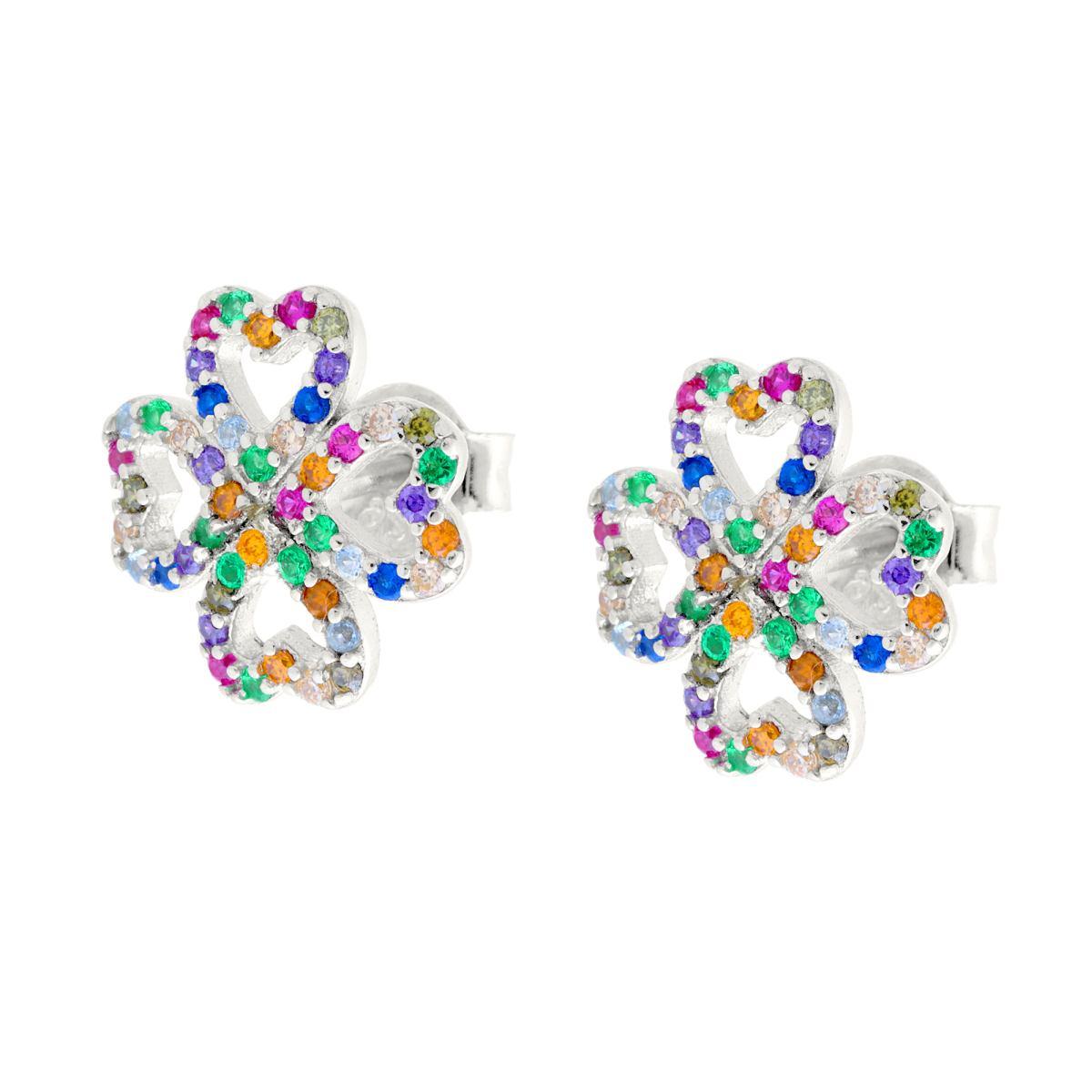 Orecchini Quadrifoglio Cuori con Cubic Zirconia Multicolor in ARGENTO 925 Galvanica Rodio