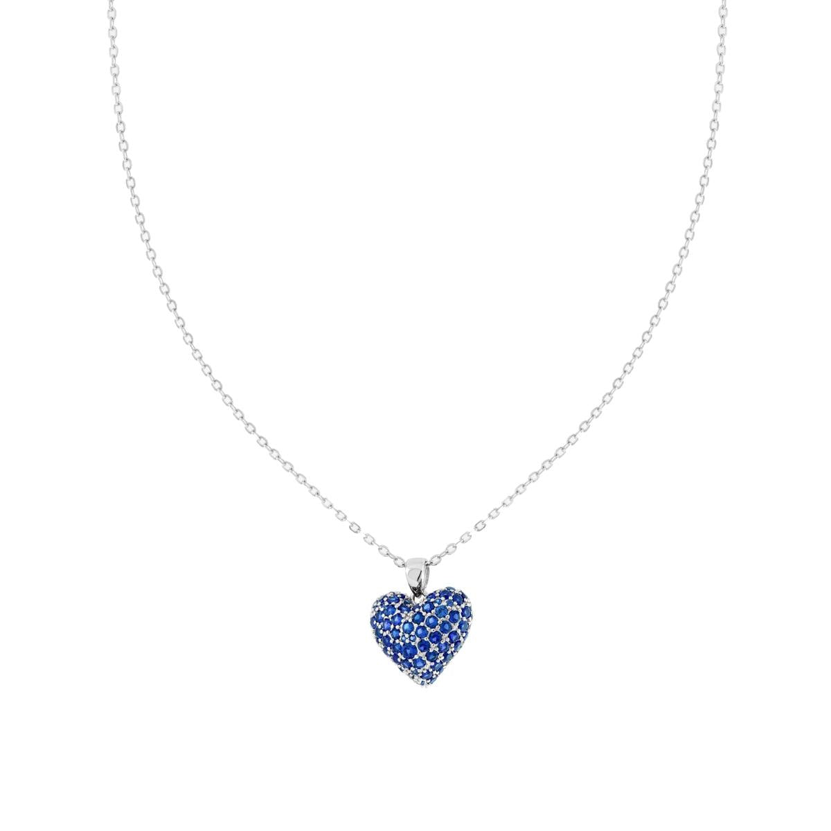 Collana Catena Forzatina Diamantata con Cuore Bombato con Cubic Zirconia Blu Zaffiro in ARGENTO 925 Galvanica Rodio