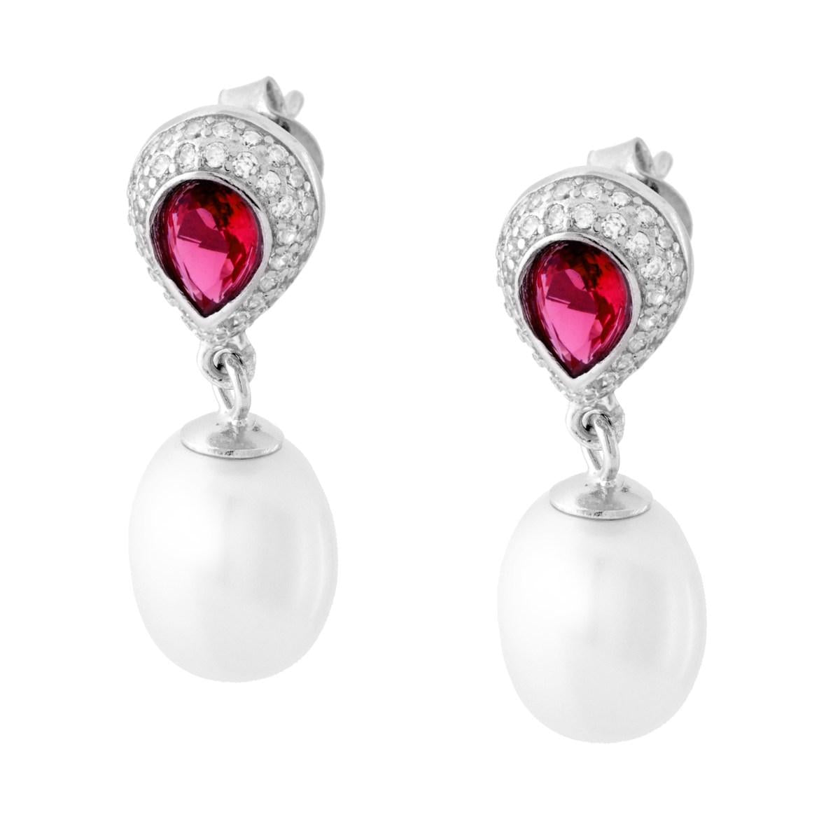 Orecchini Goccia Rosso Rubino contornato da Cubic Zirconia Bianchi e Perla Ovale pendente in ARGENTO 925 Galvanica Rodio
