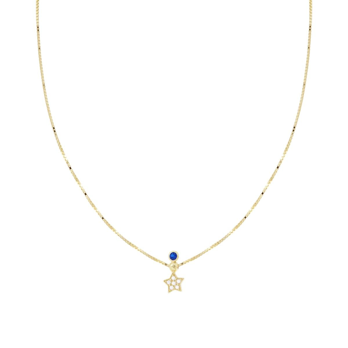 Collana Catena Veneziana Diamantata con Stella Cubic Zirconia Bianchi e Punto Luce Blu Zaffiro in ARGENTO 925 Galvanica Oro