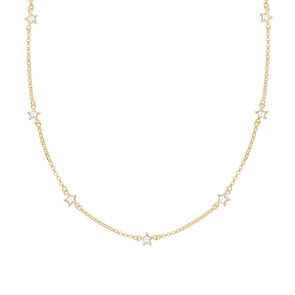 Collana Catena Rolo Diamantata con Stelle Cubic Zirconia Bianchi in ARGENTO 925 Galvanica Oro