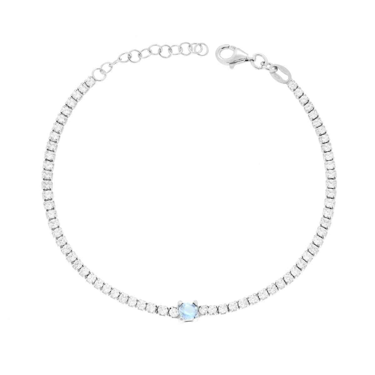 Bracciale Tennis con Cubic Zirconia Bianchi e Tondo Acquamarina in ARGENTO 925 Galvanica Rodio