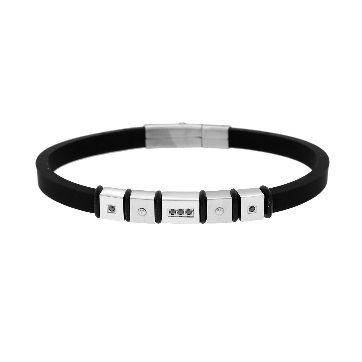 Bracciale in PVC Caucciu Nero con Accessori Cubo e Crystal Neri in ACCIAIO