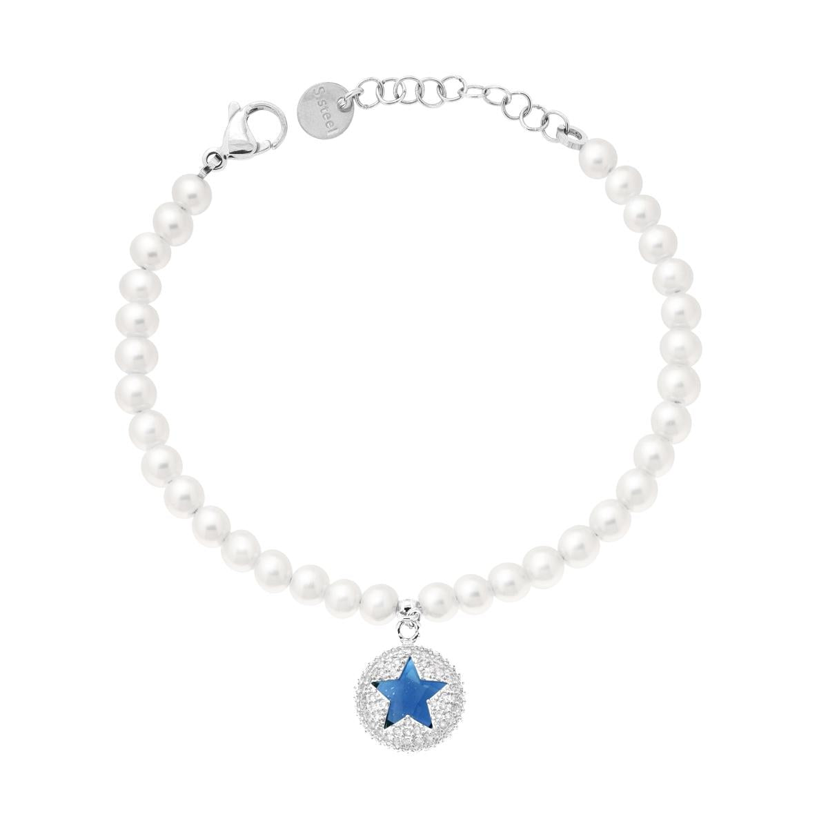 Bracciale Perle con Tondo Stella Crystal Blu Zaffiro e Bianchi in ACCIAIO