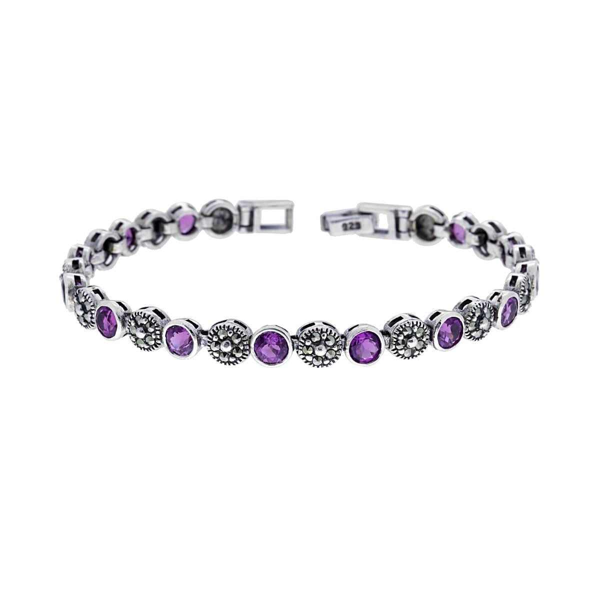 Bracciale Etnico Thailandese con Tondi con Pietre Ametista e Marcassite in ARGENTO 925