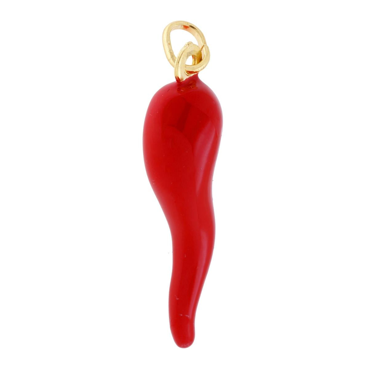 Ciondolo a forma di Cornetto portafortuna in Argento con applicazione smalto colore Rosso.<BR>Made in Italy<BR>