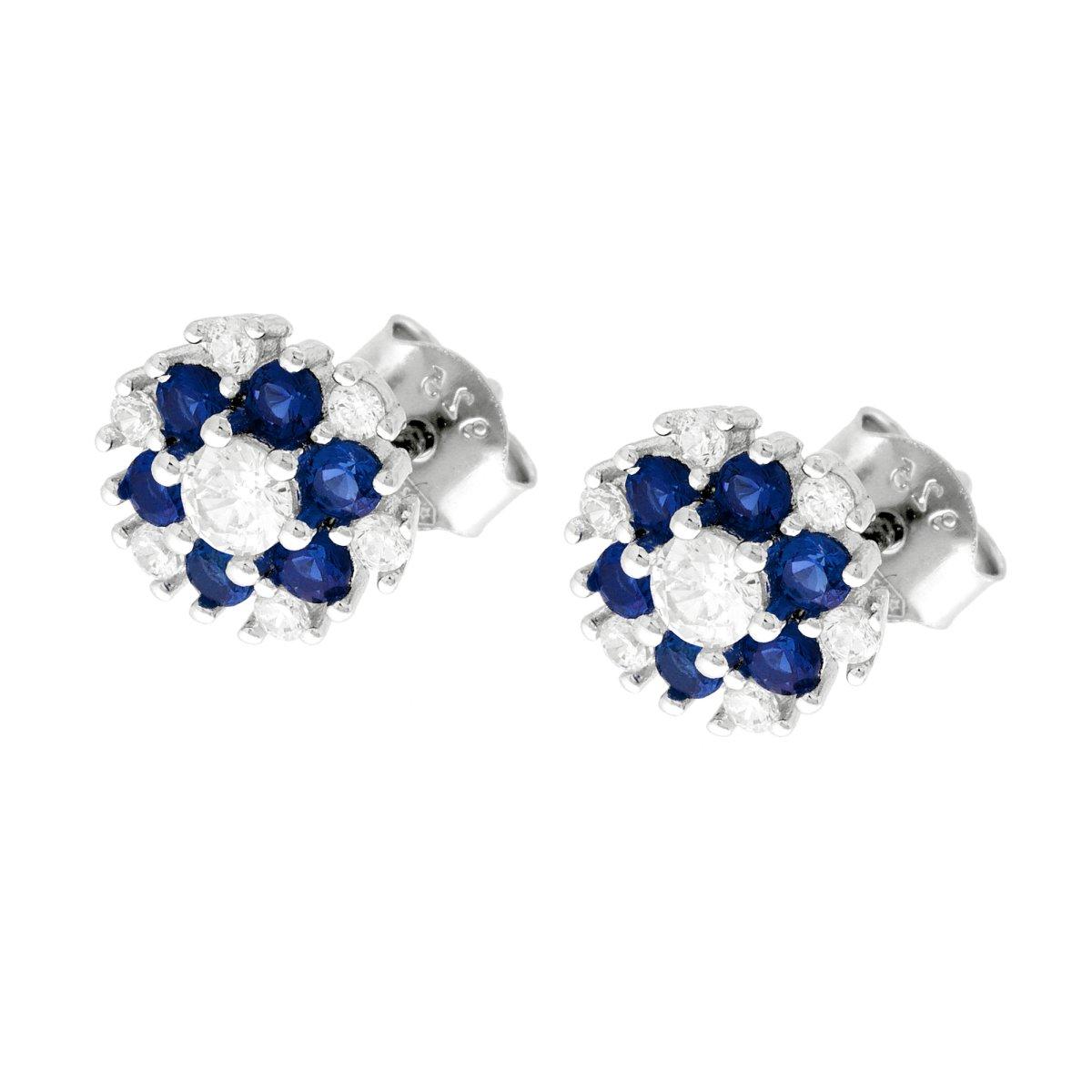 Orecchini Fiore con Cubic Zirconia Blu Zaffiro e Bianchi in ARGENTO 925 Galvanica Rodio