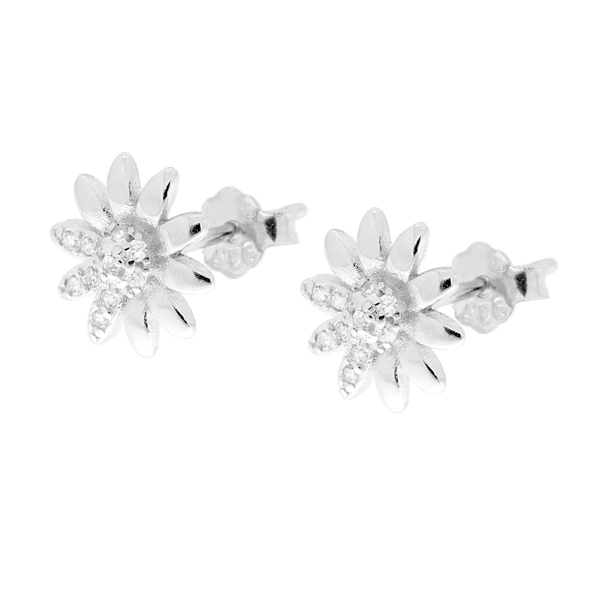 Orecchini Fiore con Cubic Zirconia Bianchi in ARGENTO 925 Galvanica Rodio