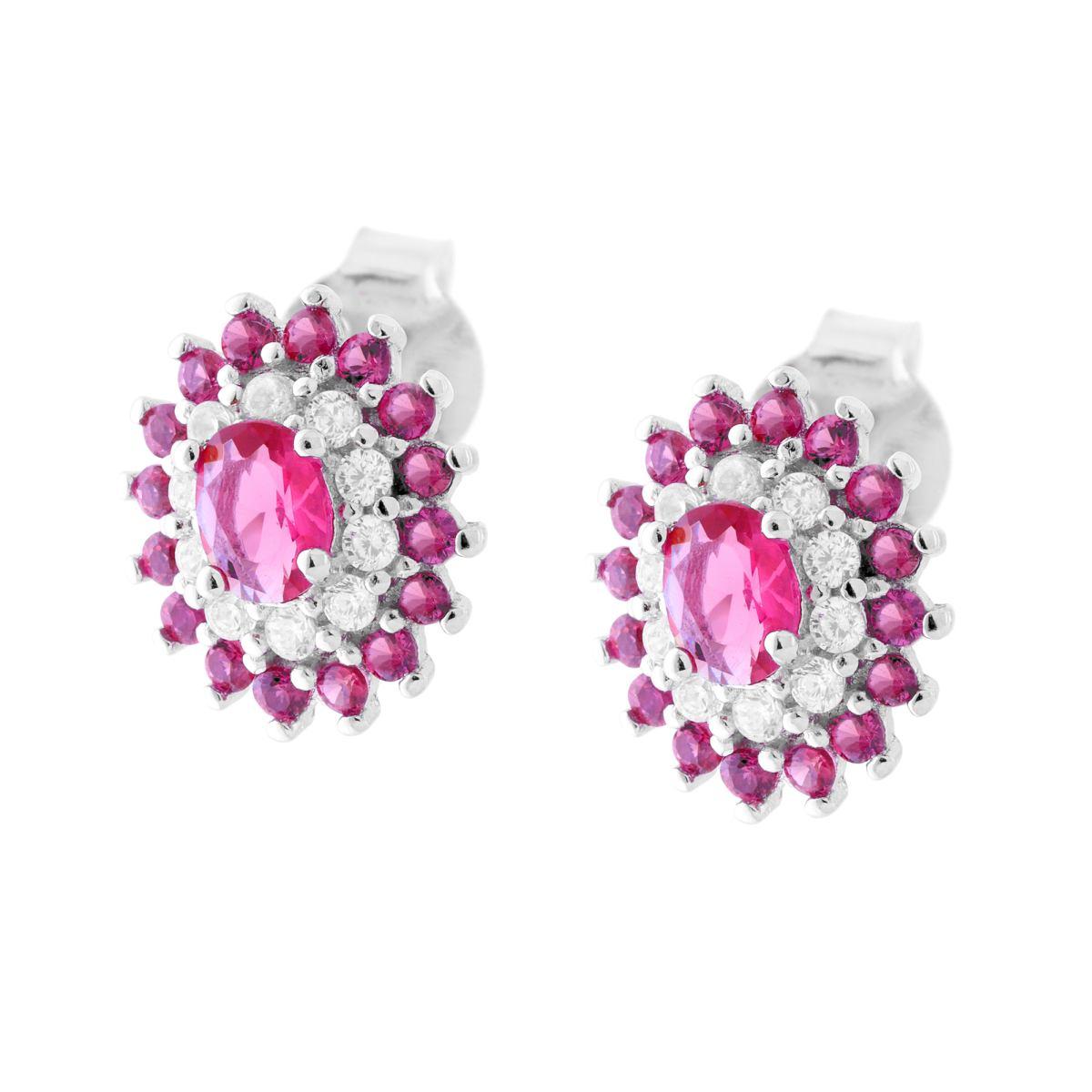 Orecchini Ovali con Cubic Zirconia Rosso Rubino e Bianchi in ARGENTO 925 Galvanica Rodio