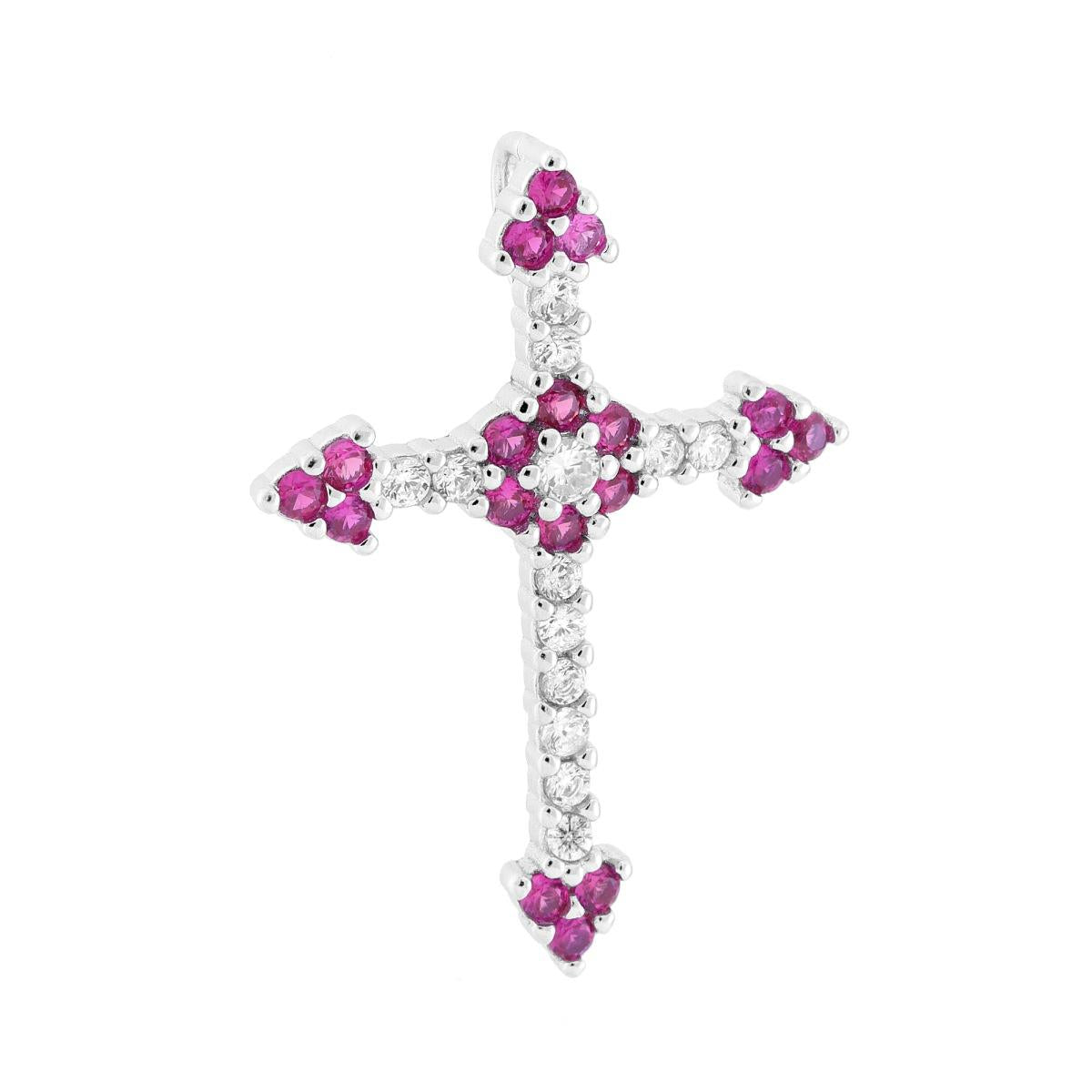 Ciondolo a forma di croce romana con passante per catena e con cubic zirconia bianchi e Rosso Rubino incastonati. <BR>