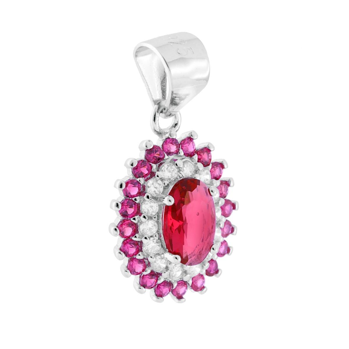 Ciondolo di forma ovale con cubic zirconia rosso rubino centrale montato su 4 Griffe e cubic zirconia bianchi e rosso rubino incastonati intorno.<BR>
