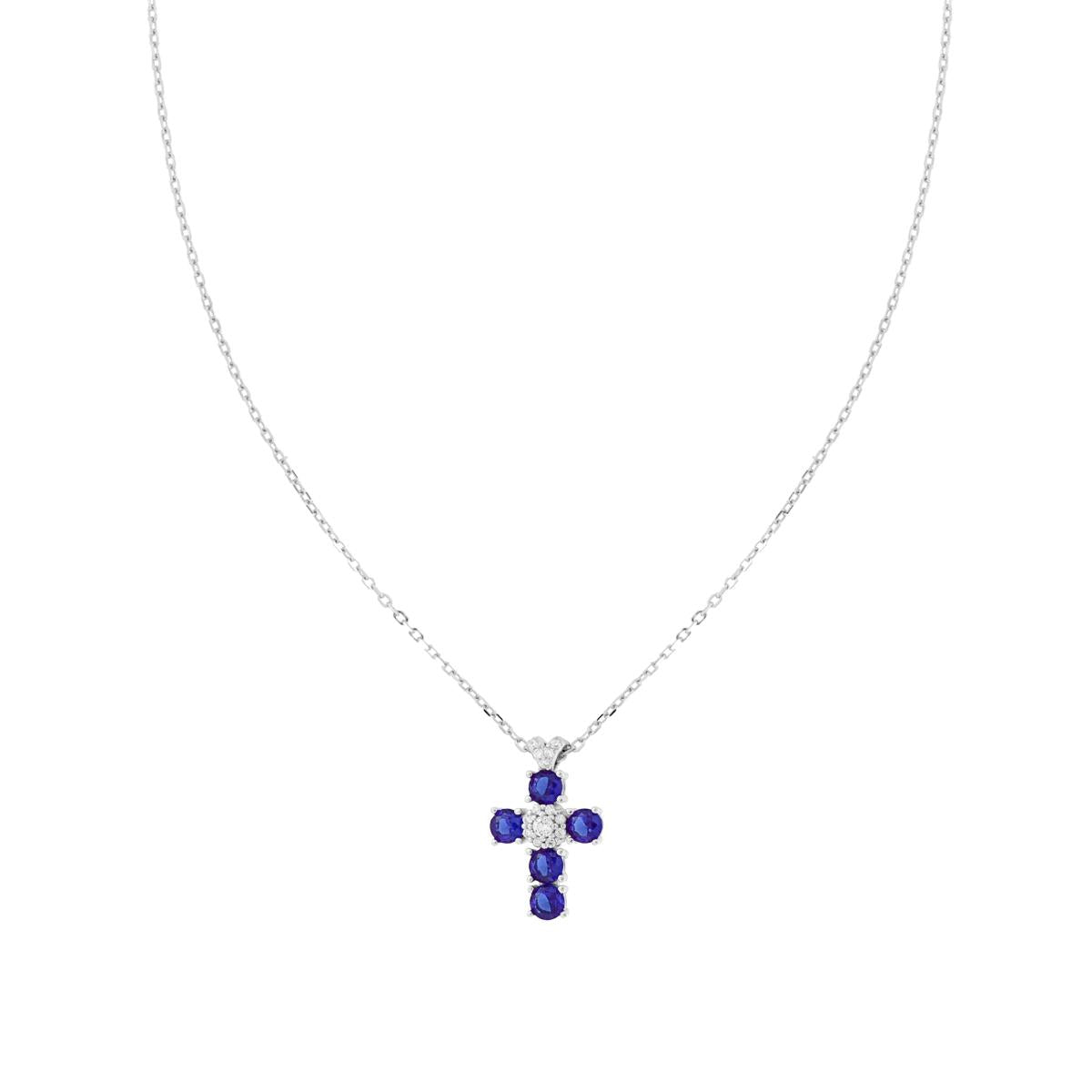Collana Catena Forzatina Diamantata con Croce Cubic Zirconia Blu Zaffiro e Bianchi in ARGENTO 925 Galvanica Rodio