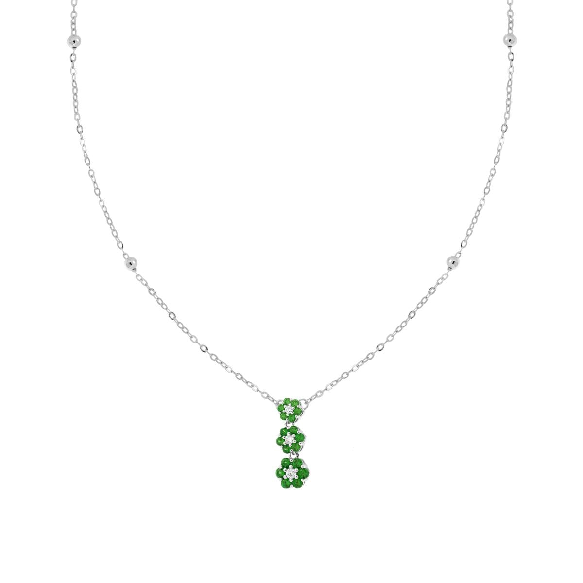 Collana Catena Forzatina Diamantata con Trilogy Fiori Cubic Zirconia Verde Smeraldo e Bianchi in ARGENTO 925 Galvanica Rodio
