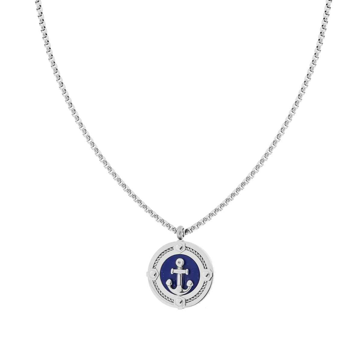 Collana Catena Veneziana Tonda con Medaglione Tondo con Pietra Lapislazzuli e Ancora in ACCIAIO