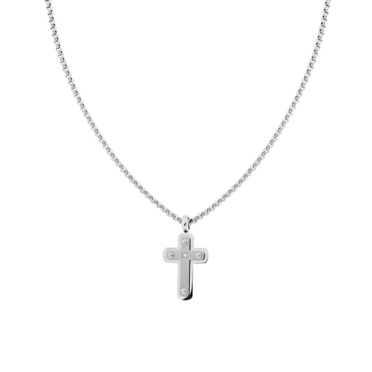 Collana Catena Veneziana Tonda con Croce con Crystal Bianco in ACCIAIO