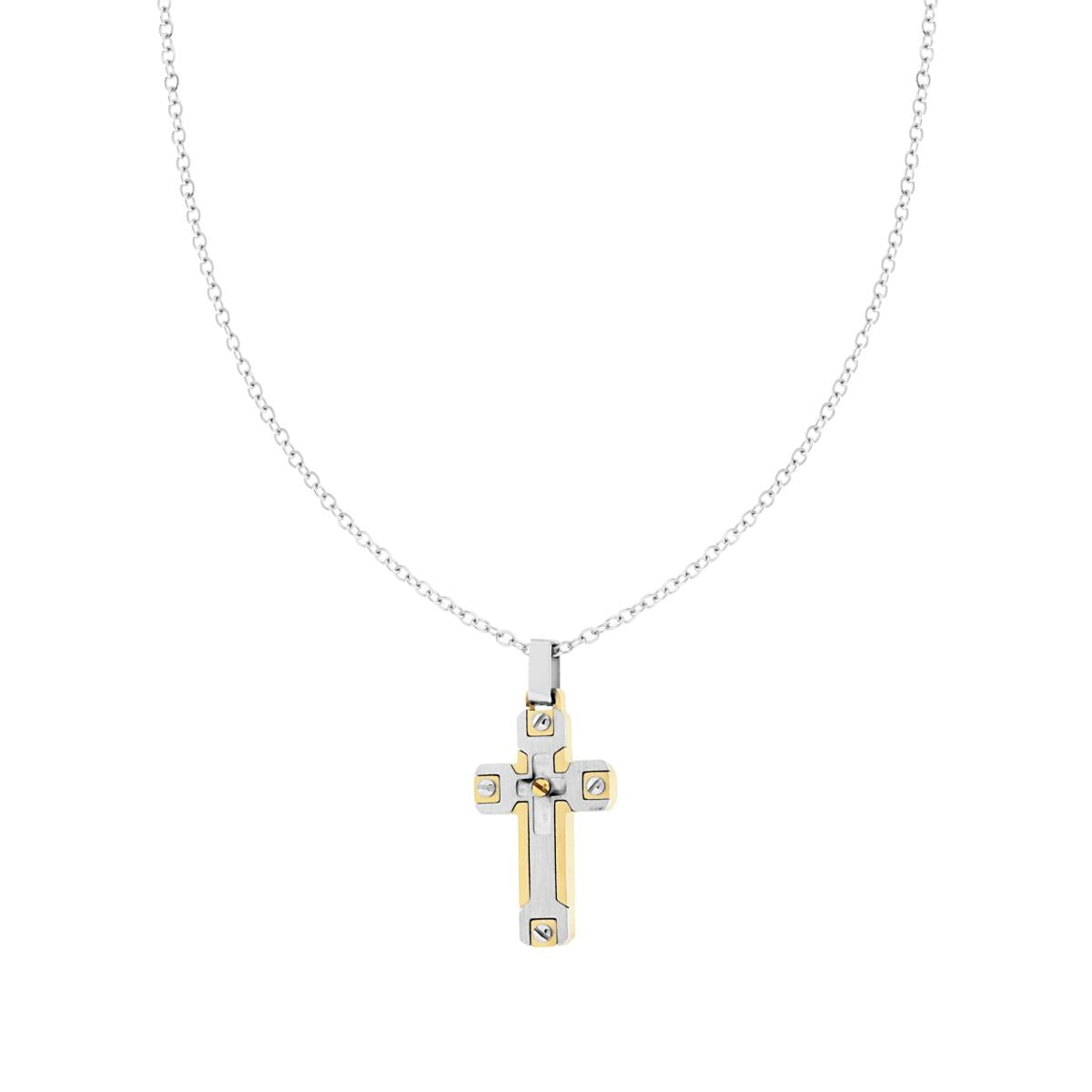 Collana Catena Forzatina Diamantata con Croce Oro in ACCIAIO