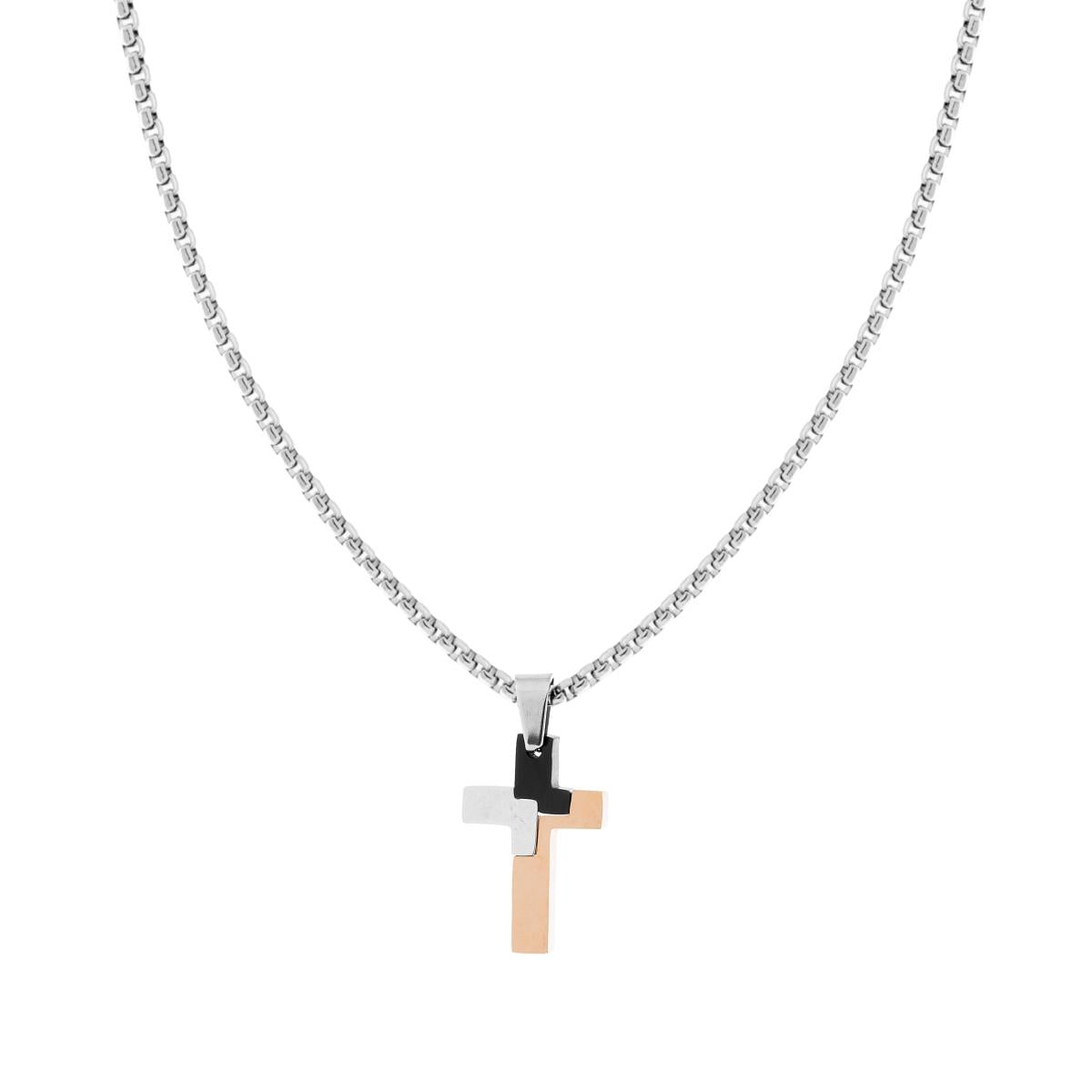 Collana Catena Veneziana Tonda con Croce Rosa e Nero in ACCIAIO