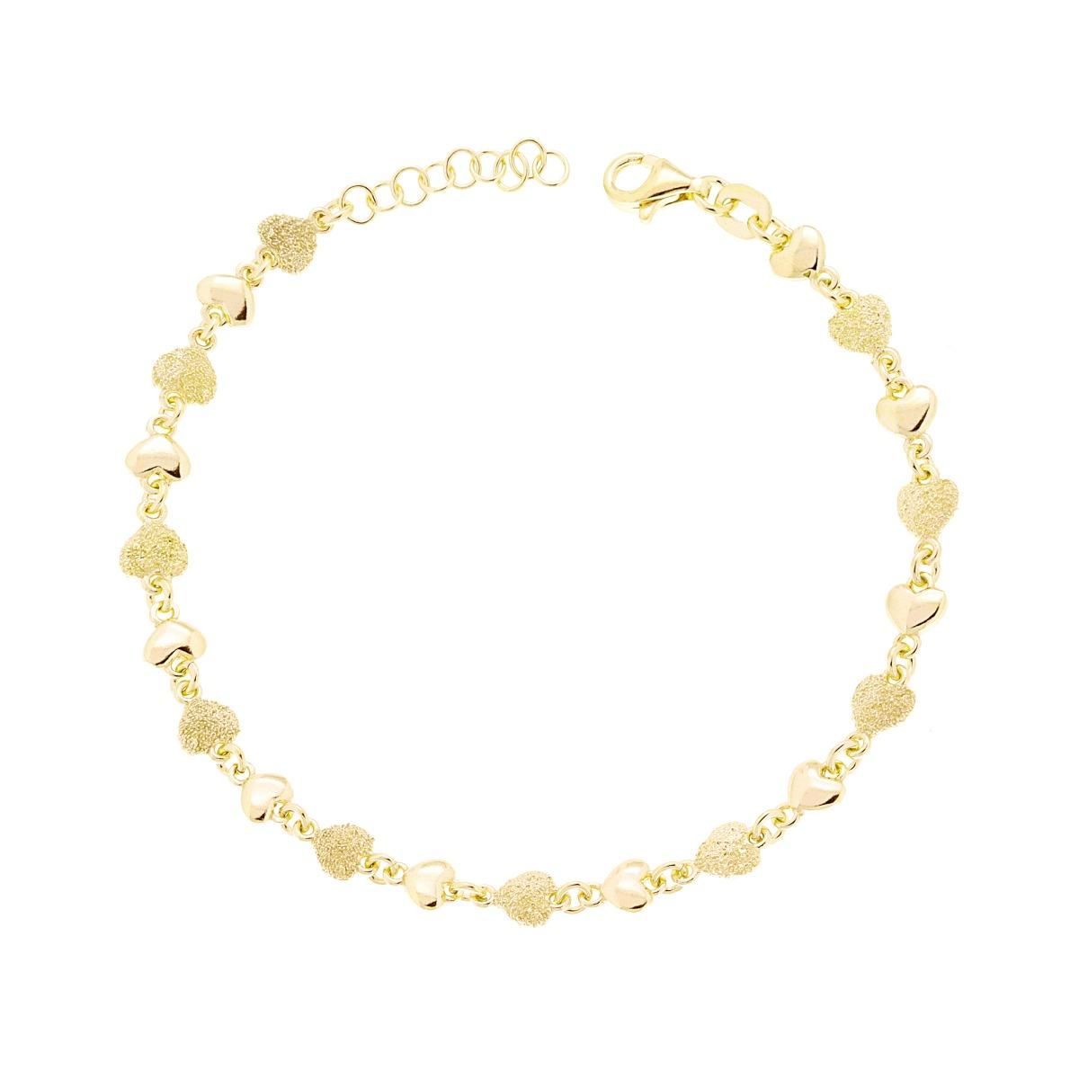 Bracciale Catena Cuori Lisci e Diamantati in ARGENTO 925 Galvanica Oro