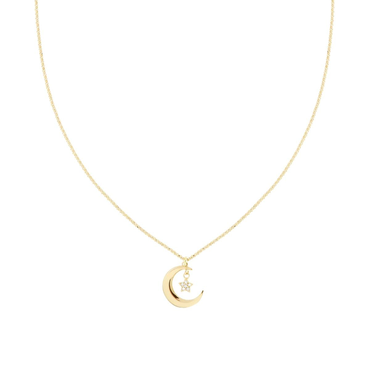 Collana Catena Rolo Diamantata con Luna Stella e Cubic Zirconia Bianchi in ARGENTO 925 Galvanica Oro