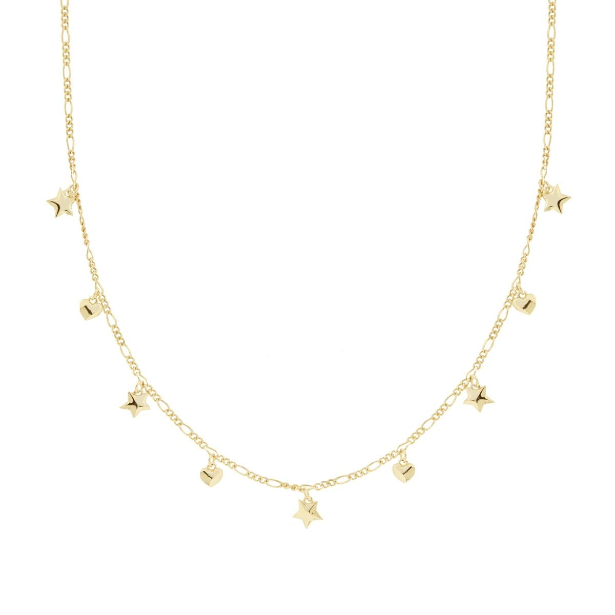 Collana Catena Figaro Alternata con Cuori e Stelle bombati pendenti in ARGENTO 925 Galvanica Oro