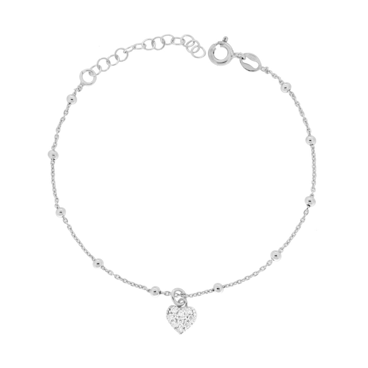 Bracciale Catena Forzatina Diamantata con Palline e Cuore con Cubic Zirconia Bianchi in ARGENTO 925 Galvanica Rodio