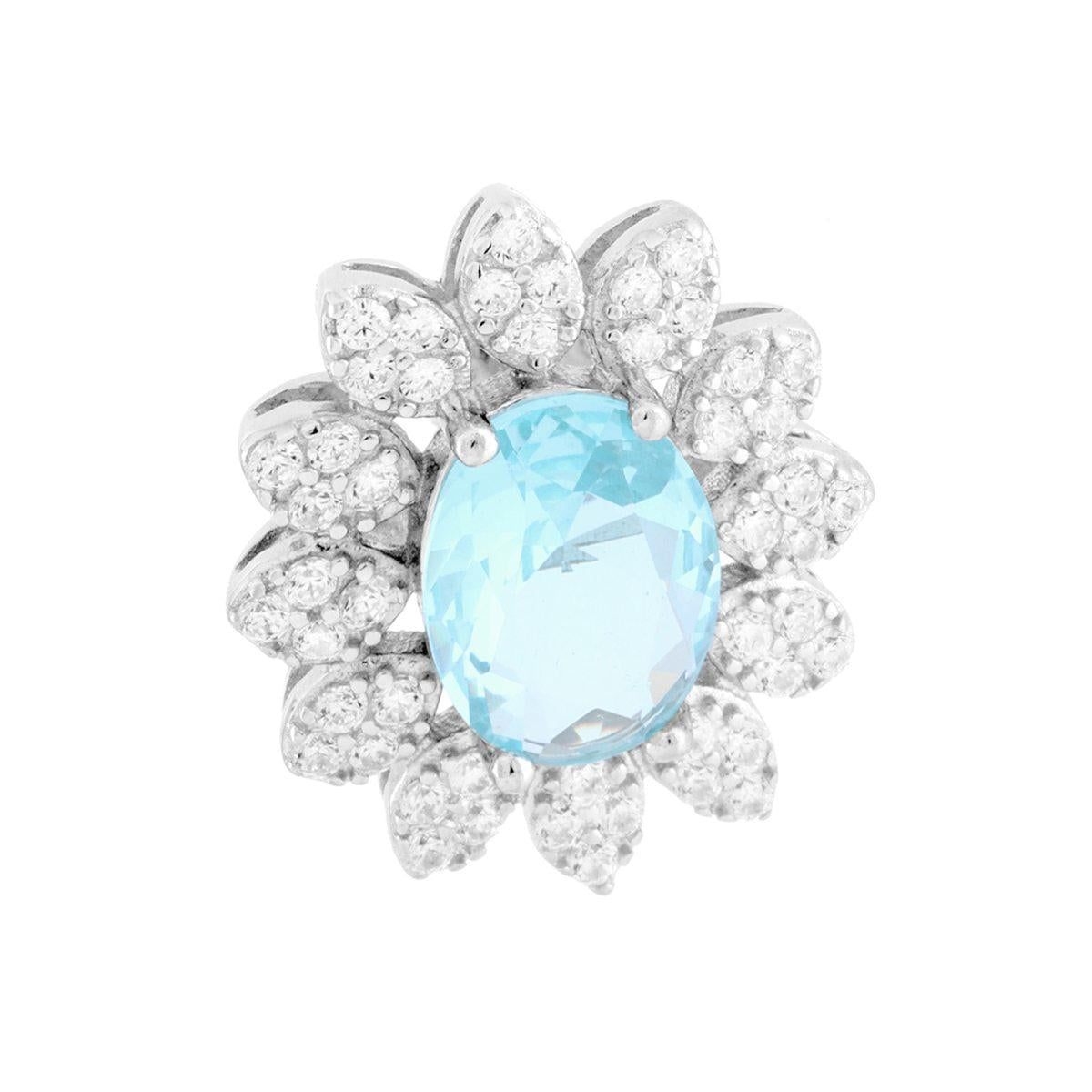 Ciondolo a forma di fiore ovale Acquamarina con petali intorno con cubic zirconia bianchi incastonati.<BR>Qualitą zirconi: Tripla A.