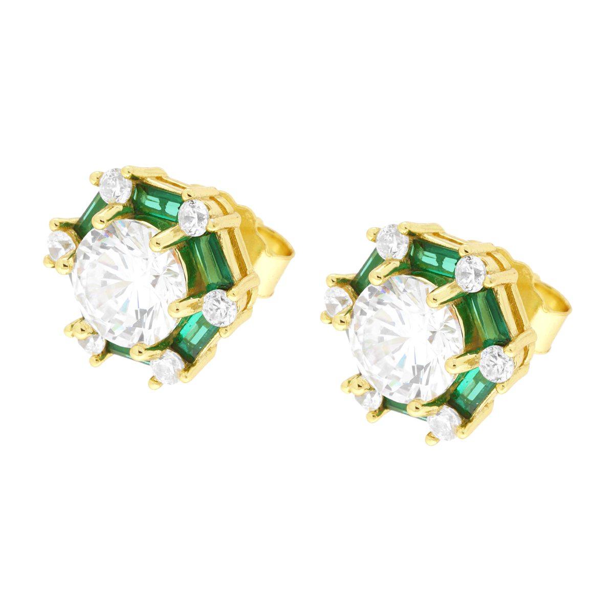 Orecchini Esagonali con Cubic Zirconia Verde Smeraldo e Bianchi in ARGENTO 925 Galvanica Oro