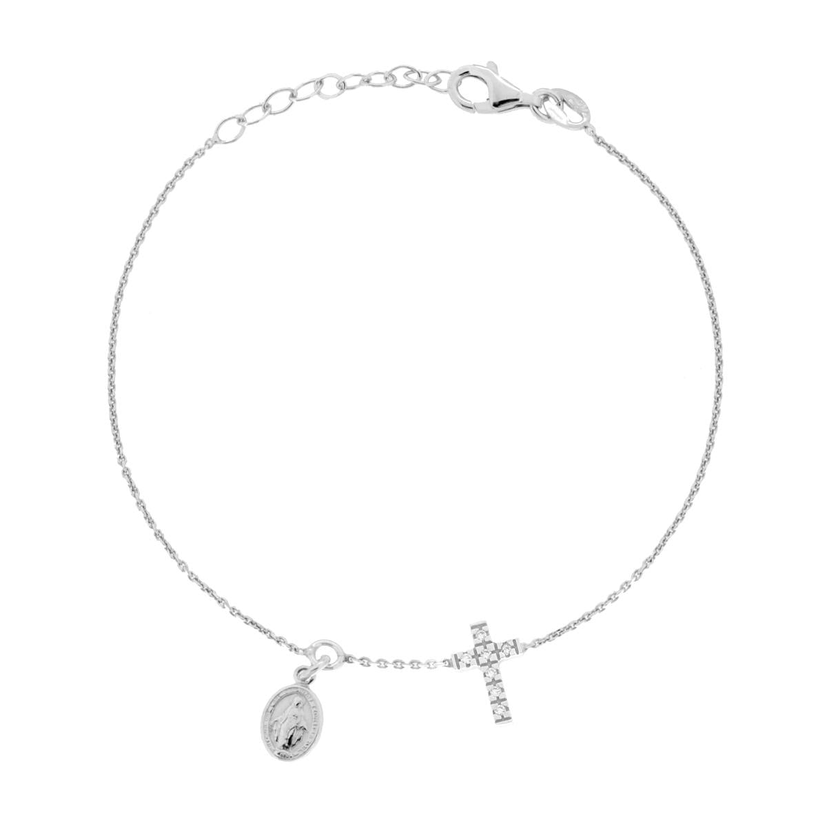 Bracciale Catena Forzatina Diamantata con Madonna Miracolosa e Croce Cubic Zirconia Bianchi in ARGENTO 925 Galvanica Rodio