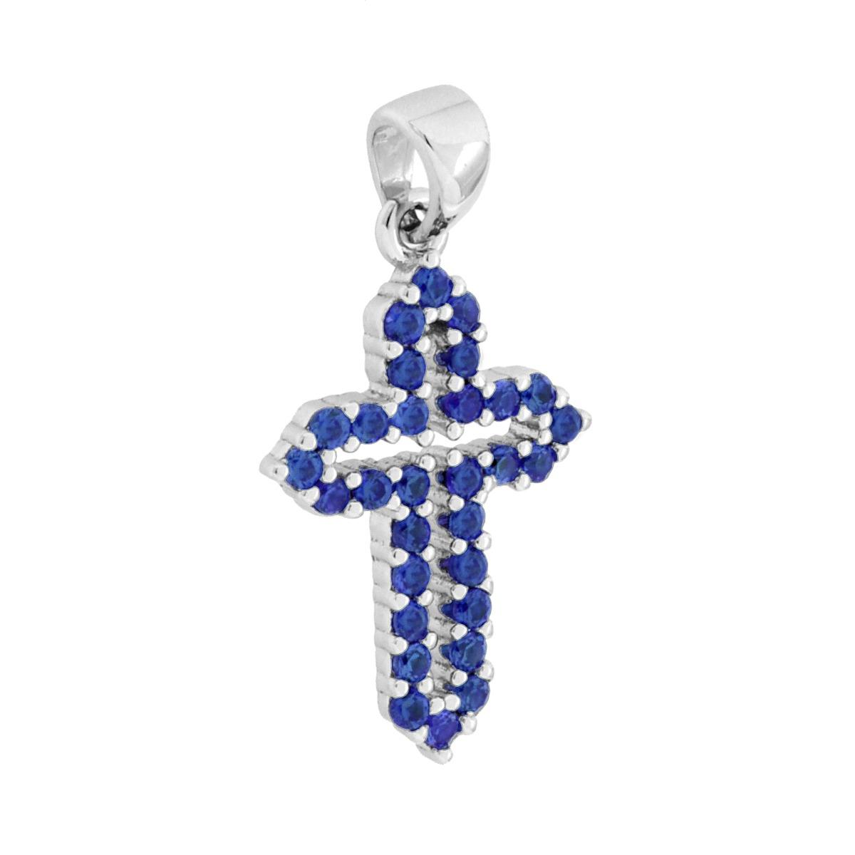 Ciondolo a forma di croce con cubic zirconia colore Blu Zaffiro incastonati.<BR>Made in Italy