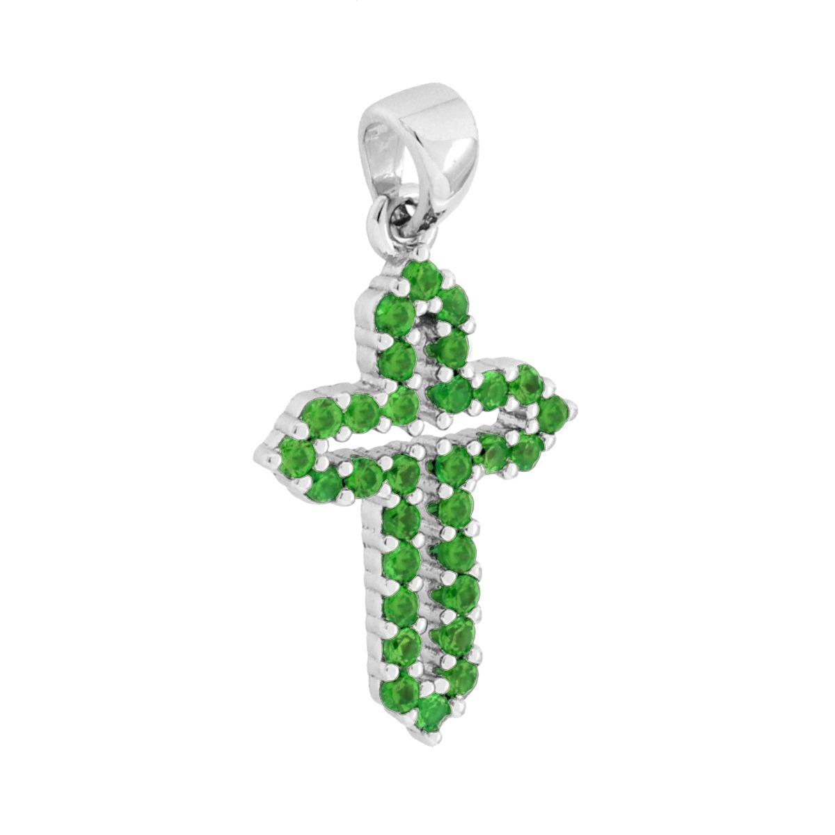 Ciondolo a forma di croce con cubic zirconia colore Verde Smeraldo incastonati.<BR>Made in Italy