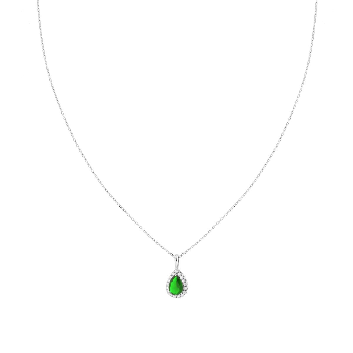Collana Catena Forzatina Diamantata Goccia Verde Smeraldo contornata da Cubic Zirconia Bianchi in ARGENTO 925 Galvanica Rodio