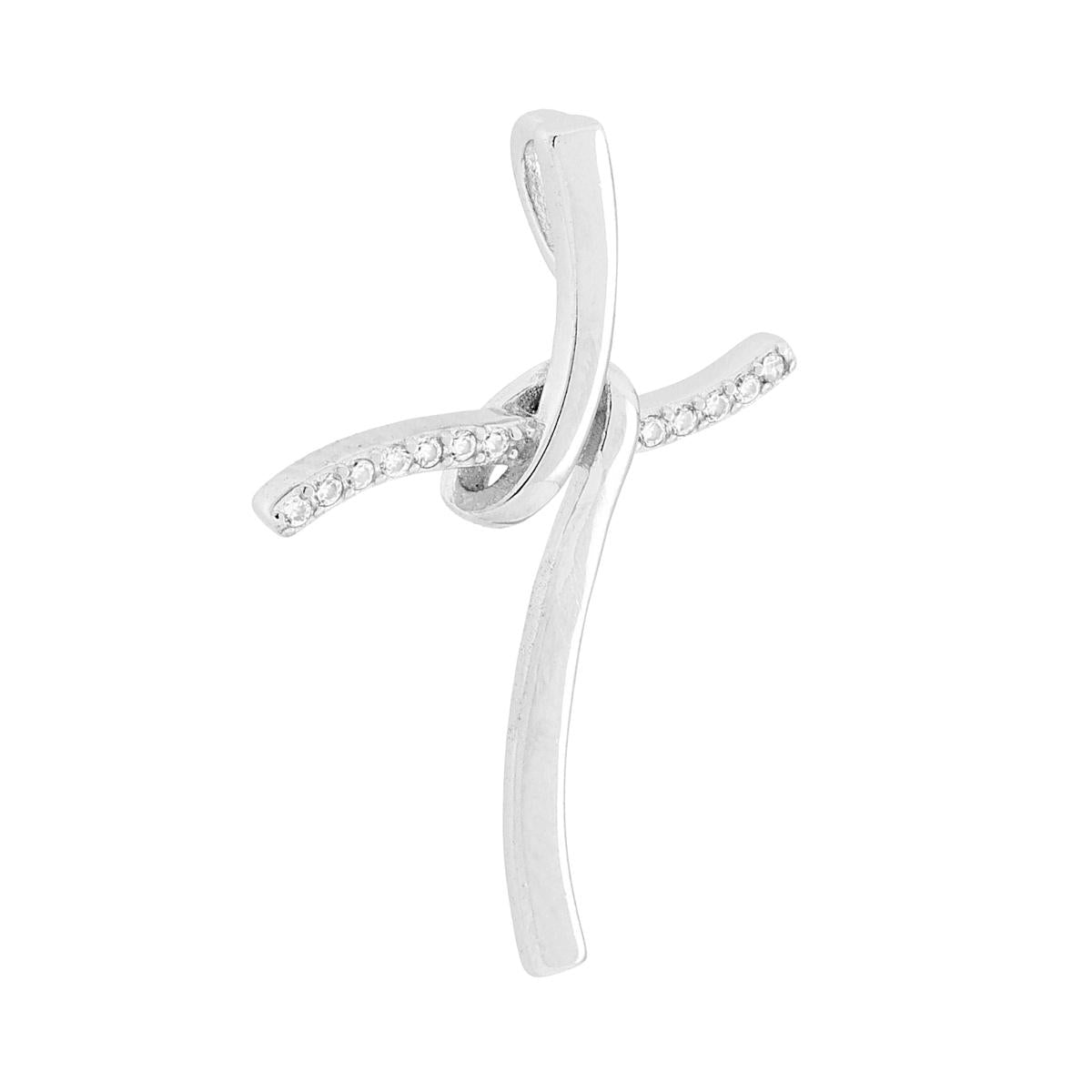 Ciondolo con nastro a forma di croce con cubic zirconia bianchi incastonati e finitura liscia e lucida.