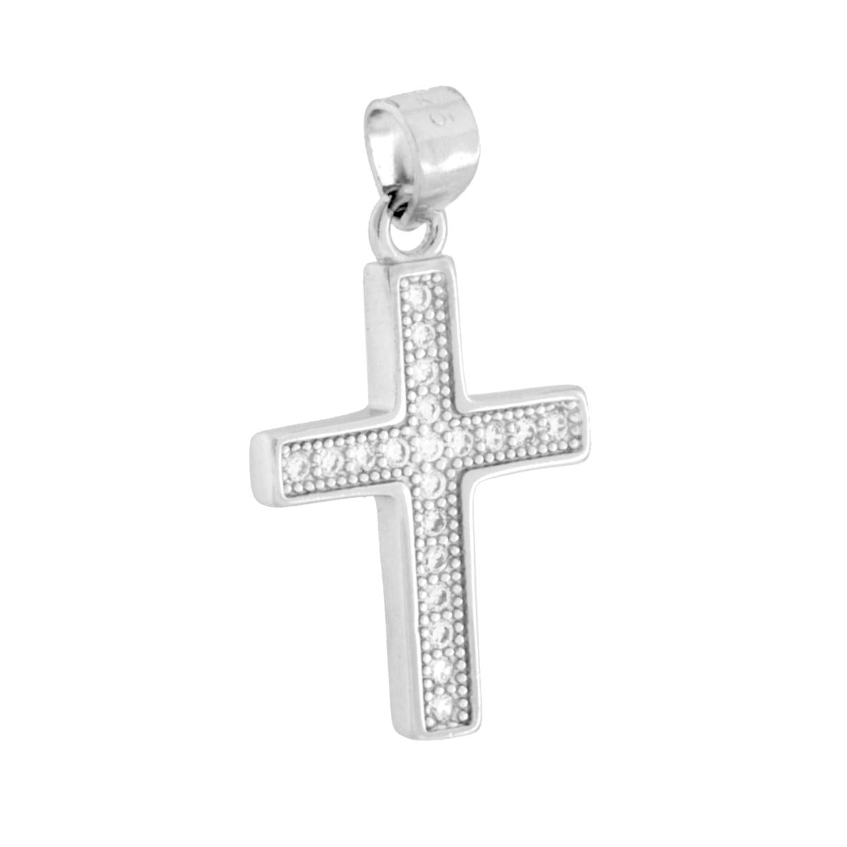 Ciondolo a forma di croce con cubic zirconia colore bianco incastonati.<BR>