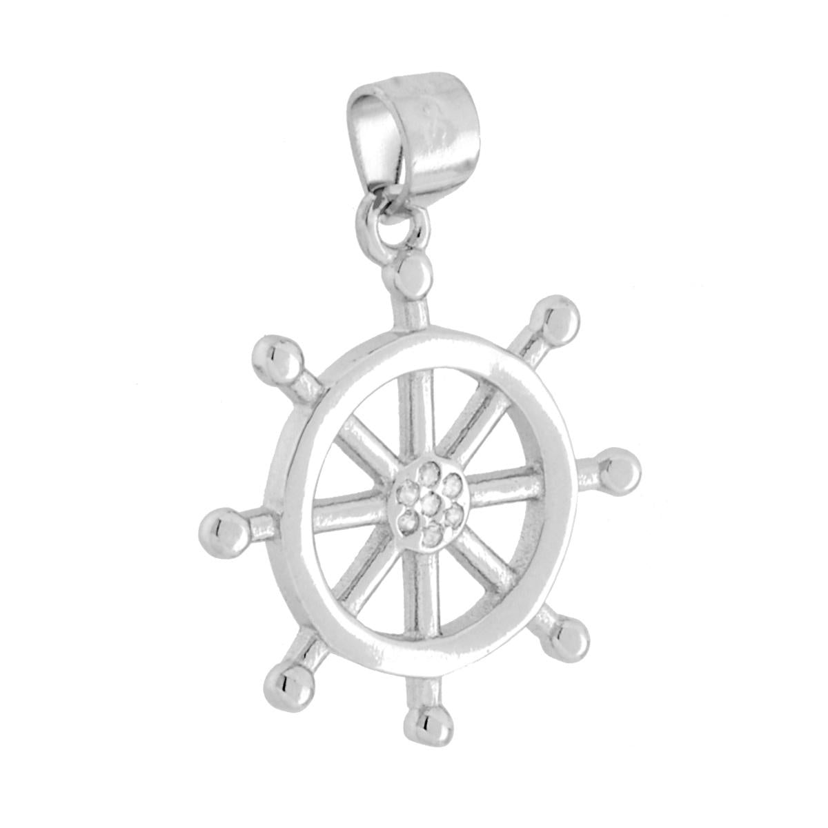 Ciondolo a forma di timone con finitura liscia e lucida e con cubic zirconia colore bianco incastonati.