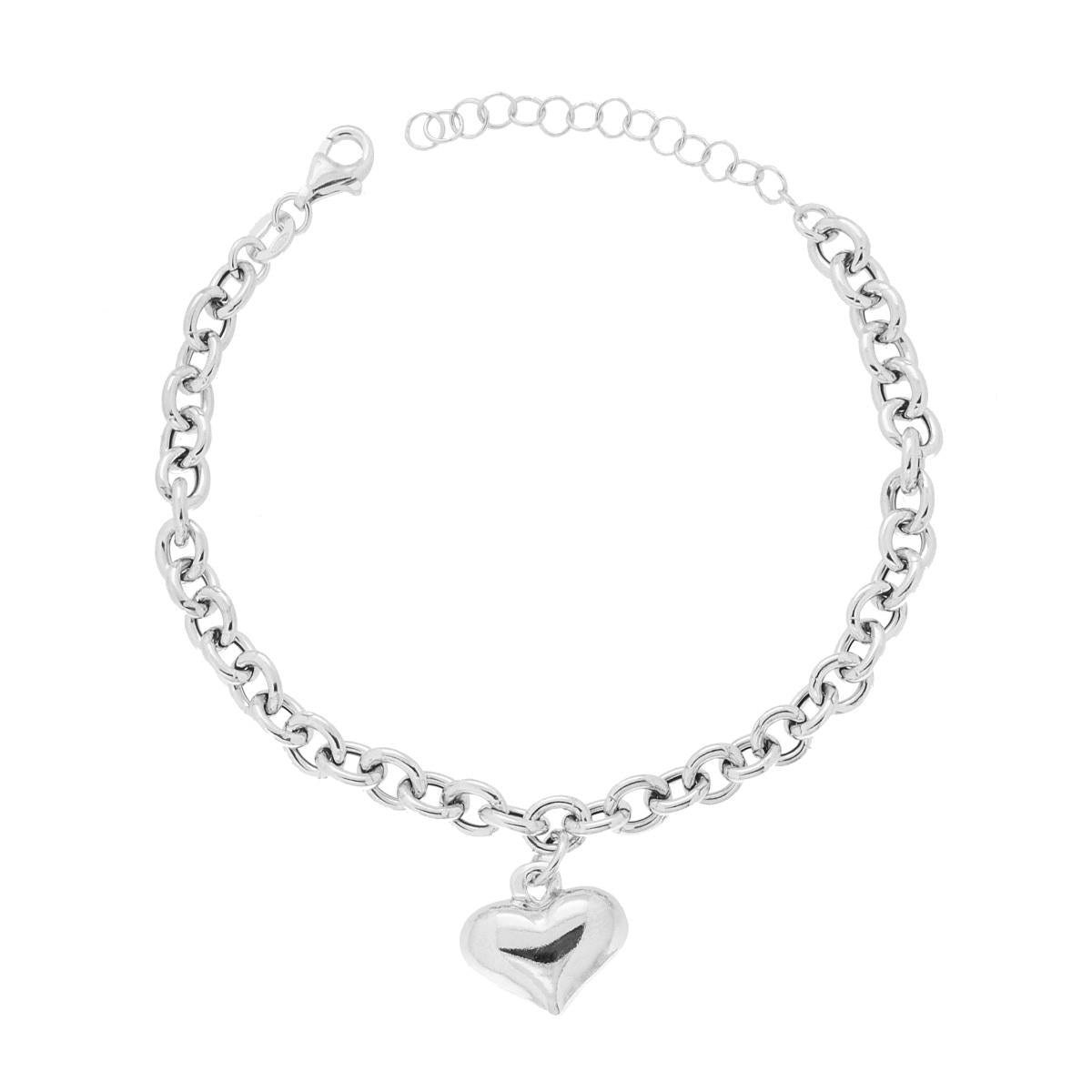 Bracciale Catena Forzatina con Cuore bombato pendente in ARGENTO 925 Galvanica Rodio