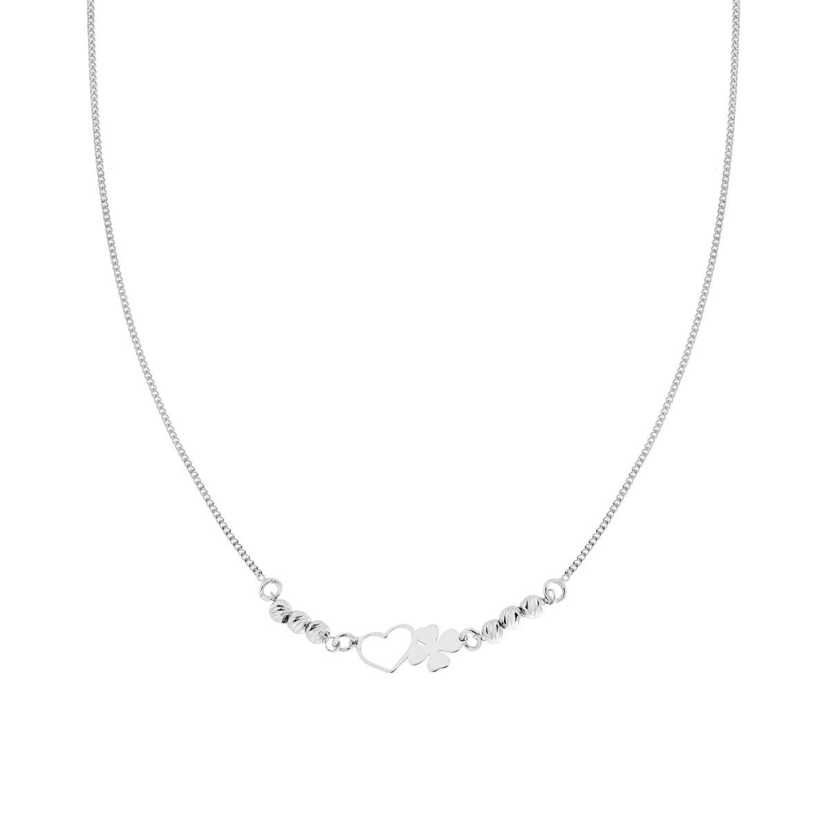 Collana Catena Grumetta e Palline Diamantate con Cuore e Quadrifoglio in ARGENTO 925 Galvanica Rodio