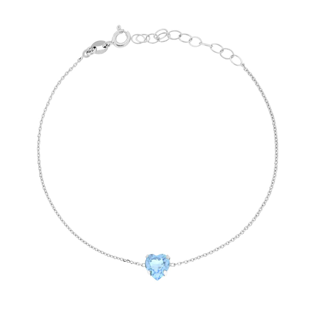 Bracciale Catena Forzatina Diamantata con Punto Luce Cuore Crystal Acquamarina in ARGENTO 925 Galvanica Rodio