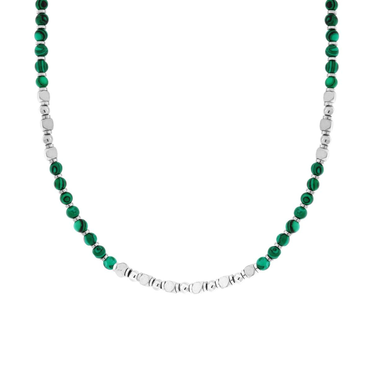 Collana Catena con Palline Pietra Malachite e Cubetti in ACCIAIO