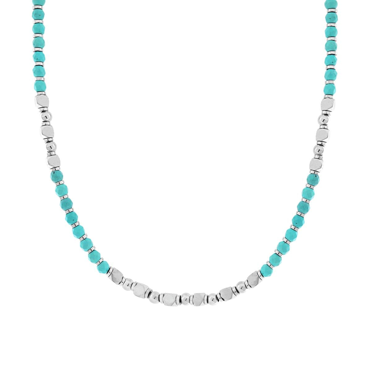 Collana Catena con Palline Sfaccettate Pietra Turchese e Cubetti in ACCIAIO