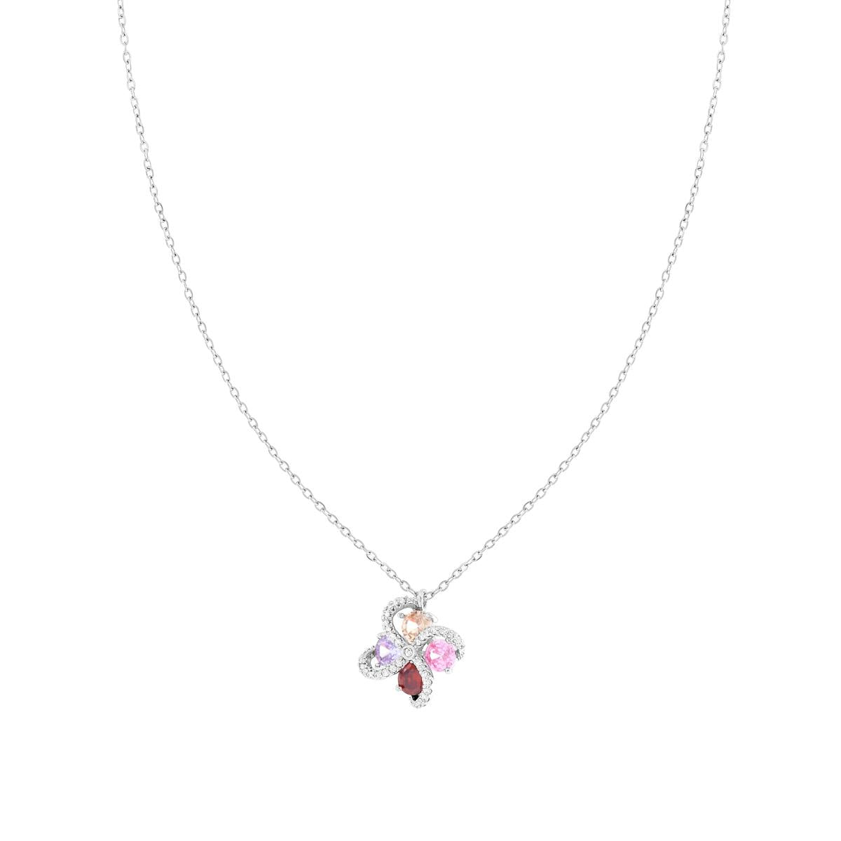 Collana Catena Forzatina Diamantata con Quadrifoglio e Crystal Bianchi e Multicolor in ACCIAIO e OTTONE