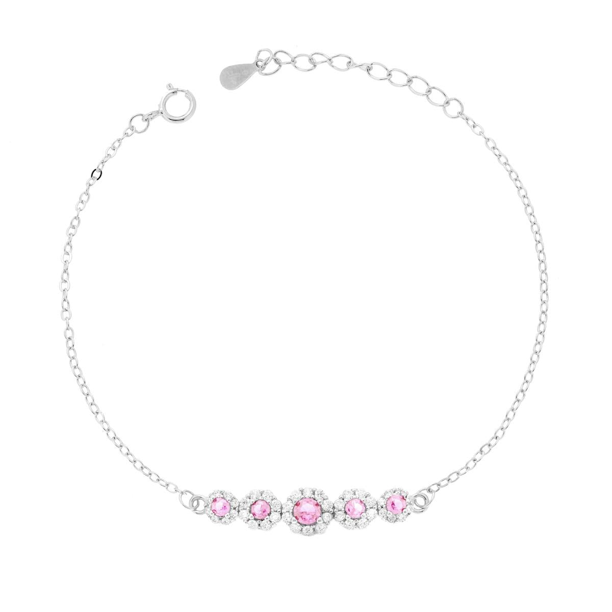 Bracciale Catena Forzatina Diamantata con Fiori Cubic Zirconia Rosa e Bianchi in ARGENTO 925 Galvanica Rodio