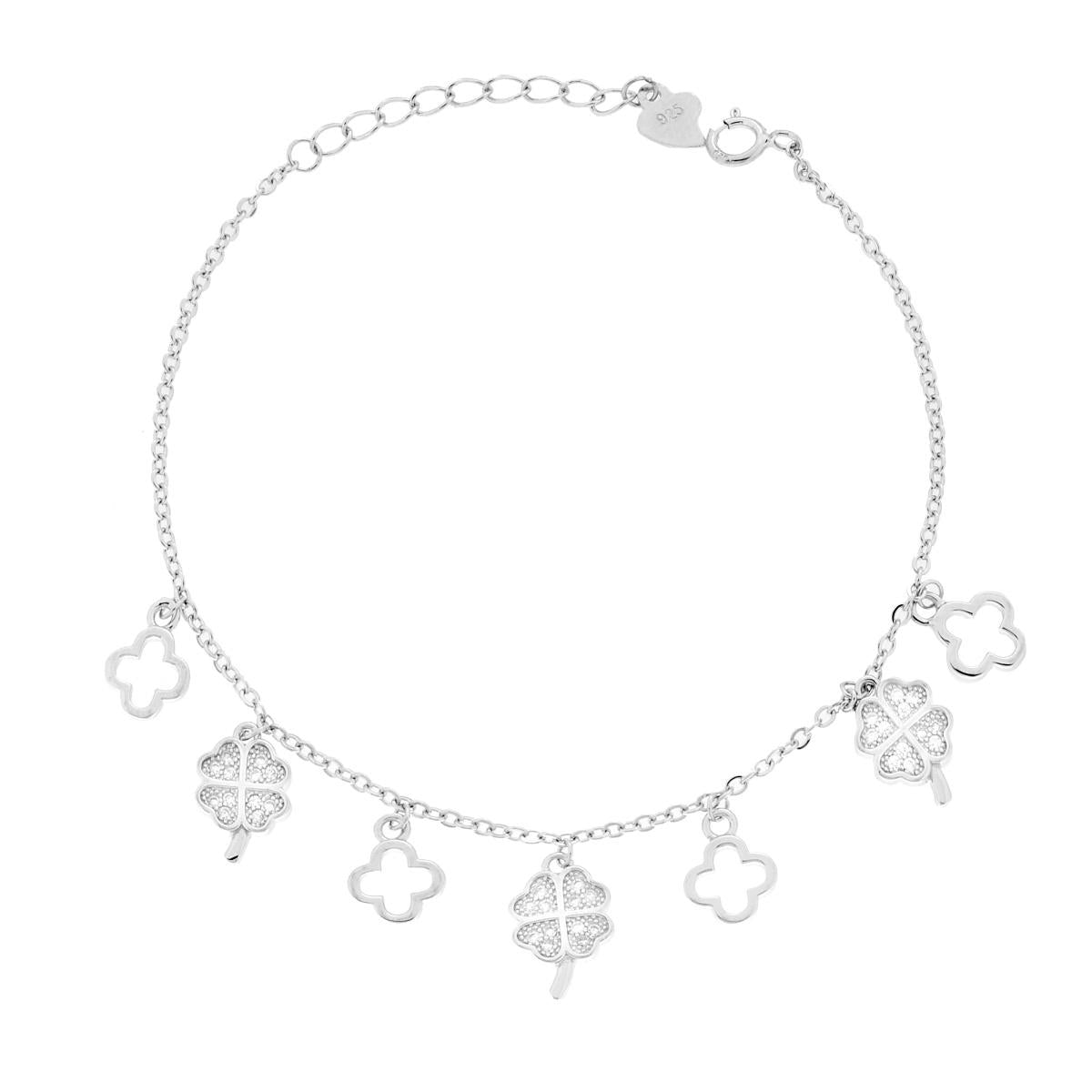 Bracciale Catena Forzatina Diamantata Quadrifogli e Cubic Zirconia Bianchi in ARGENTO Galvanica Rodio