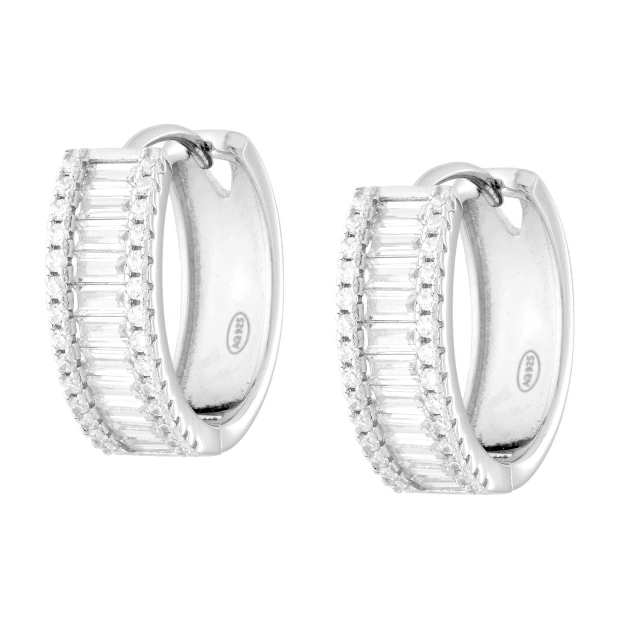 Orecchini Cerchio a Scattino mm 18 con Baguette Cubic Zirconia Bianchi in ARGENTO 925 Galvanica Rodio