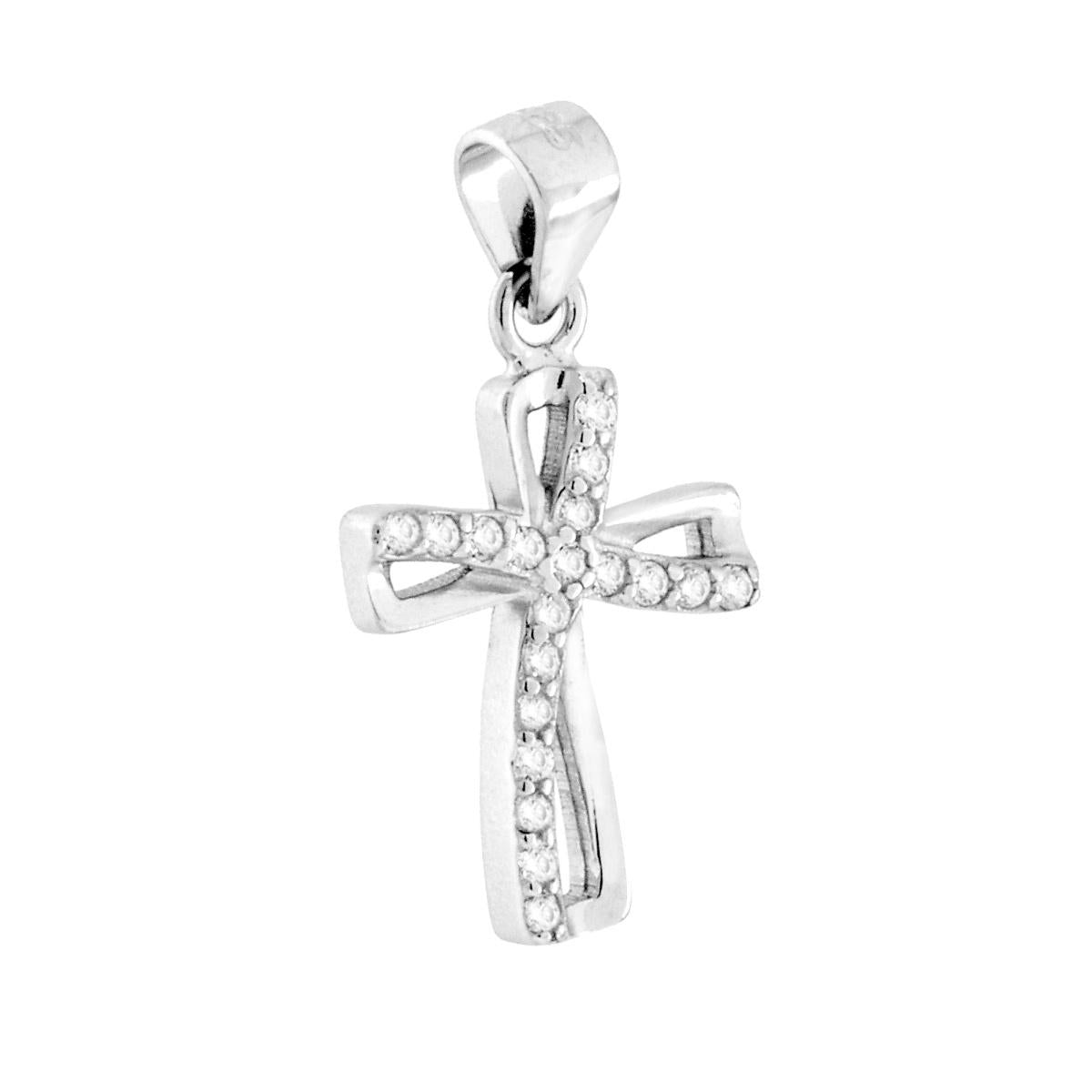 Ciondolo Nastro a forma di croce con cubic zirconia bianchi incastonati e finitura liscia e lucida.