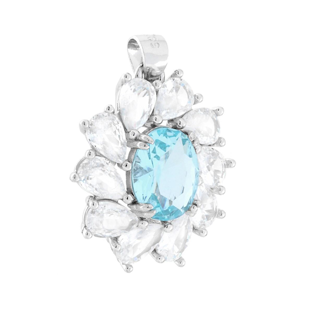Ciondolo Fiore con ovale colore Acquamarina con petali cubic zirconia bianchi taglio goccia incastonati intorno. <BR>