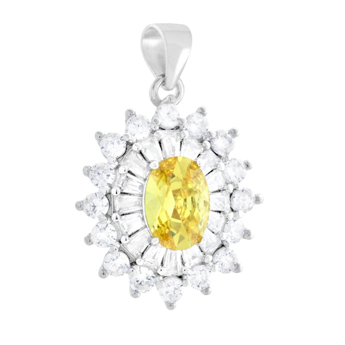 Ciondolo con ovale colore Topazio Giallo e cubic zirconia bianchi taglio Trapezio e tondi incastonati intorno. <BR>
